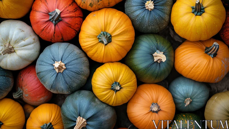 Overhead study of colorful heirloom pumpkins in rows.