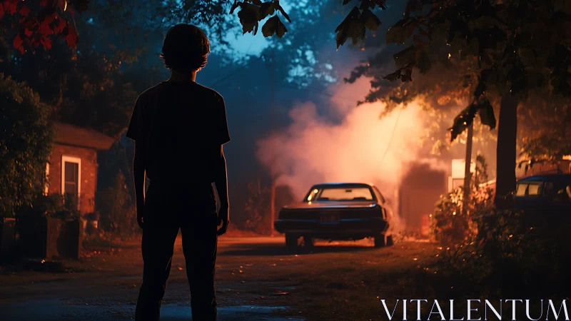 Silhouetted figure confronting burning car at dusk.