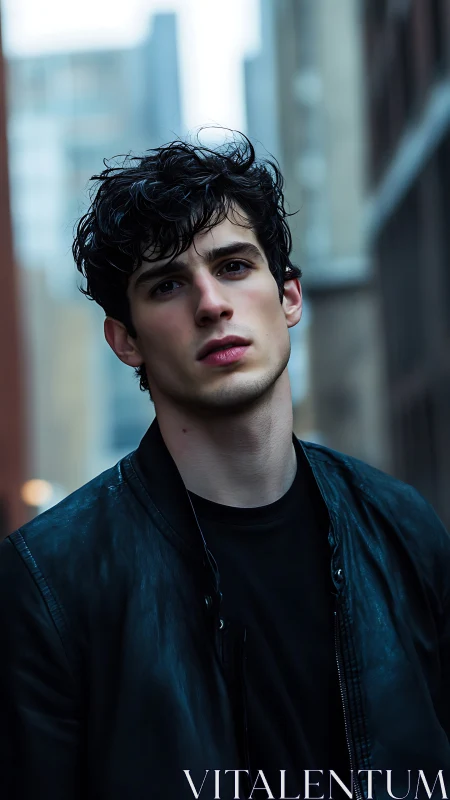 Moody urban portrait of young man in black leather jacket.