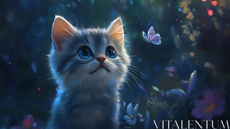 White Cat with Blue Eyes Watches Butterfly in Magical Garden.