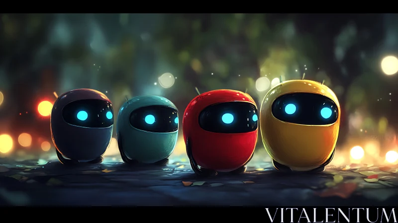 Four small colorful robots in soft bokeh outdoor scene.