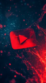 Glowing red play icon in dynamic cyberpunk particle field.