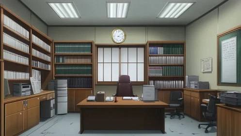 Orderly office interior with bookshelves and central desk.