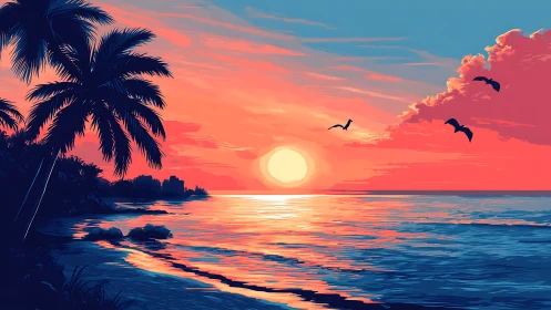 Sunset tide glows beneath palm silhouettes and drifting birds.