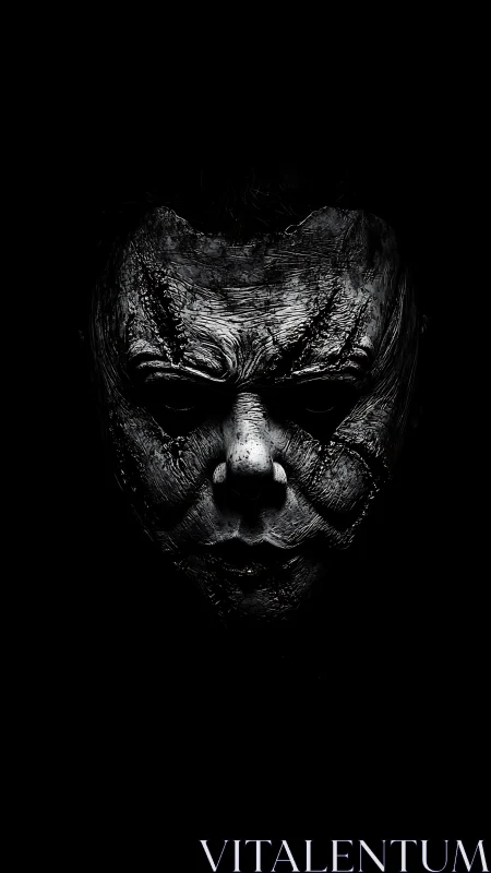 Haunting carved face emerges gently from deep shadowed darkness