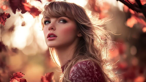 Backlit autumn portrait of young woman amid crimson foliage