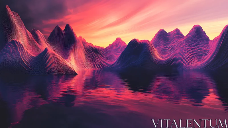 Neon wave mountains ripple under a hyperreal sunset sky.
