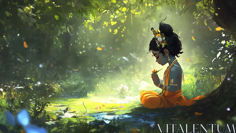 Child deity sits in sunlit forest clearing studying leaf