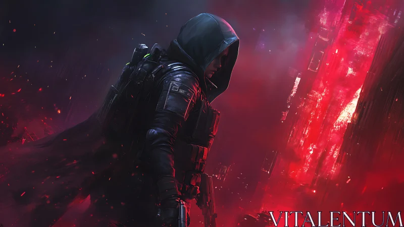 Hooded cyberpunk wanderer in a glowing neon red storm.