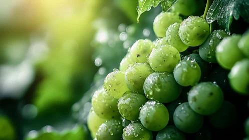 Close-up of green grapes with water droplets on vine.
