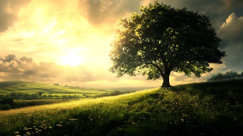 Solitary oak crowns sunlit hillside under golden sky.