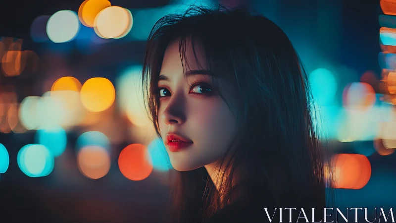Digital night portrait of young woman with neon bokeh