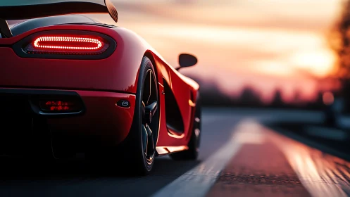 Red supercar glowing at sunset on an open highway.