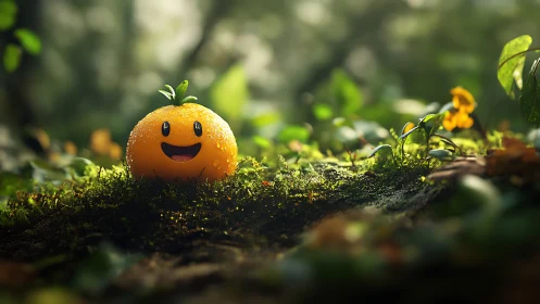 Smiling orange character sits on moss in soft forest light