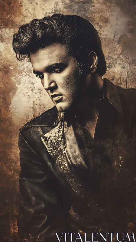 Grunge-textured portrait of retro rock singer in leather jacket.