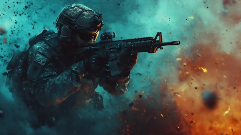 Tactical soldier advances through fiery, teal battlefield haze
