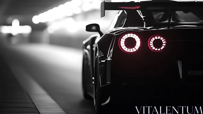 Photorealistic rear profile of supercar in tunnel chiaroscuro.