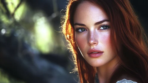Red haired woman in soft forest backlight holds calm gaze