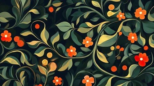 Floral scrollwork with orange blossoms on deep nightground.
