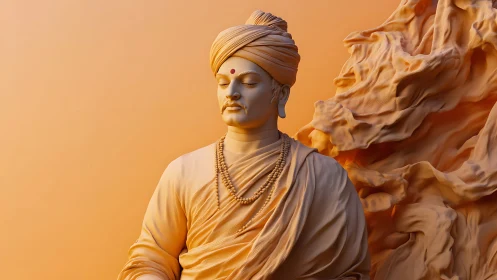 Serene turbaned sage in soft golden meditative light.