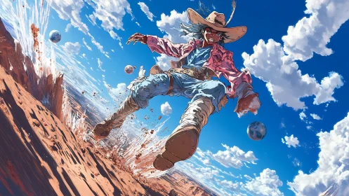 Cowboy figure leaping across desert slope under blue sky.