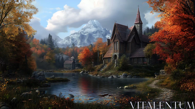 Autumn chapel dreams by a silver river beneath alpine crowns.