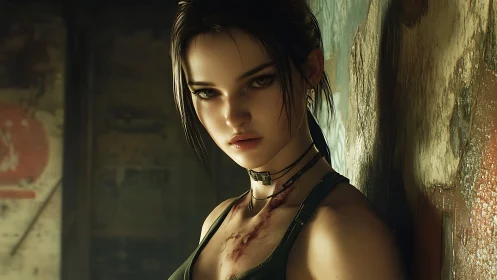 Digital portrait shows wounded woman in dim industrial interior