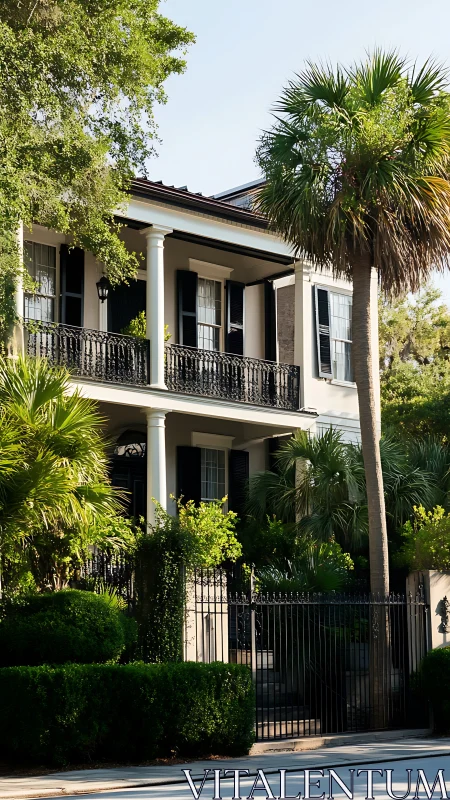 Two story Southern mansion with neoclassical columns and dense tropical landscaping