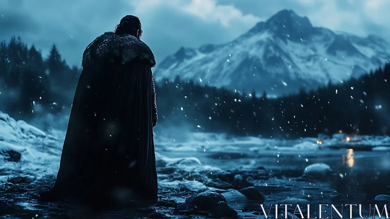 Cloaked wanderer in subarctic river valley under snowfall.