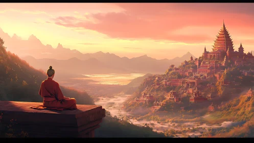 Sunrise monk quiets the mountains while a citadel awakens