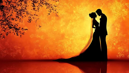 Bride and Groom Silhouetted Against Golden Sunset.