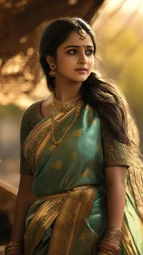 Young woman in teal silk saree with gold jewelry, outdoors.