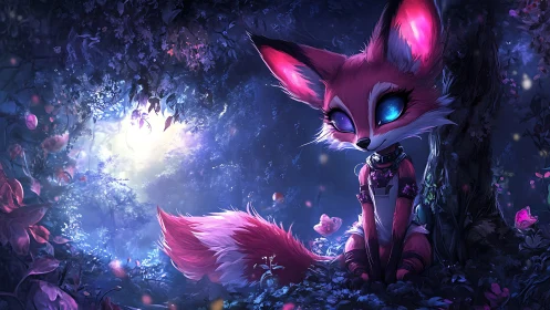 Pink fantasy fox with glowing eyes in moonlit forest.