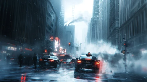 Storm-lashed downtown avenue with cinematic taxi convoy.
