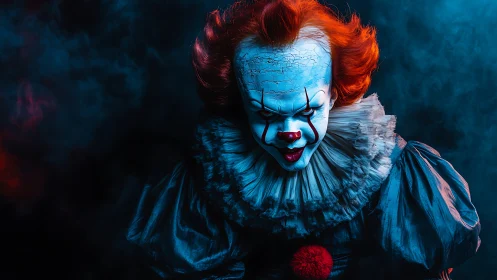 Sinister horror clown lunges forward through blue red fog