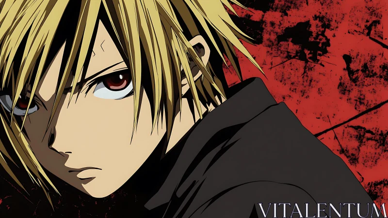 Brooding blonde anime hero framed by bold crimson shadows.