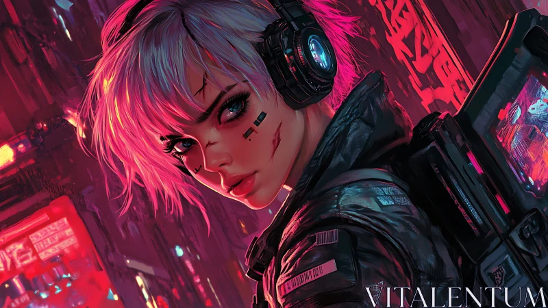 Cybernetic woman in neon city with headset and gear at night.