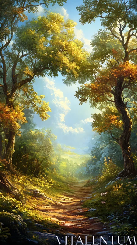 Sunlit forest pathway framed by ancient trees with golden canopy