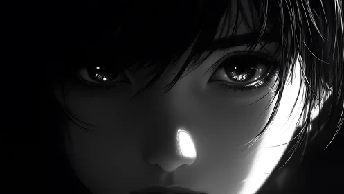 Stark monochrome closeup shows reflective anime eyes in shadow