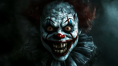 Grinning nightmare clown leans from shadow with predatory delight