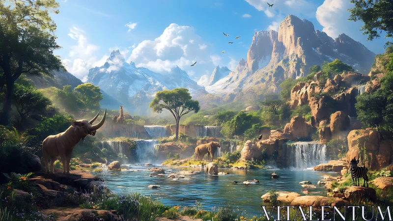 Sunlit Savannah Oasis Beneath Storybook Mountain Peaks.