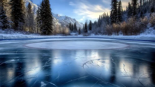 Mirror-ice rink cradled by snowy pines and distant peaks.