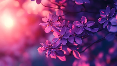 Purple and pink flowers bloom in ethereal neon light.