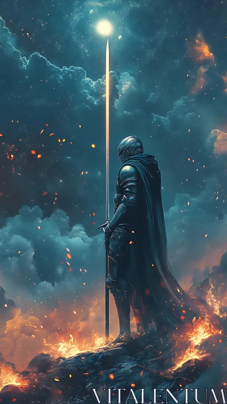 Armored warrior under celestial light on burning ridge.