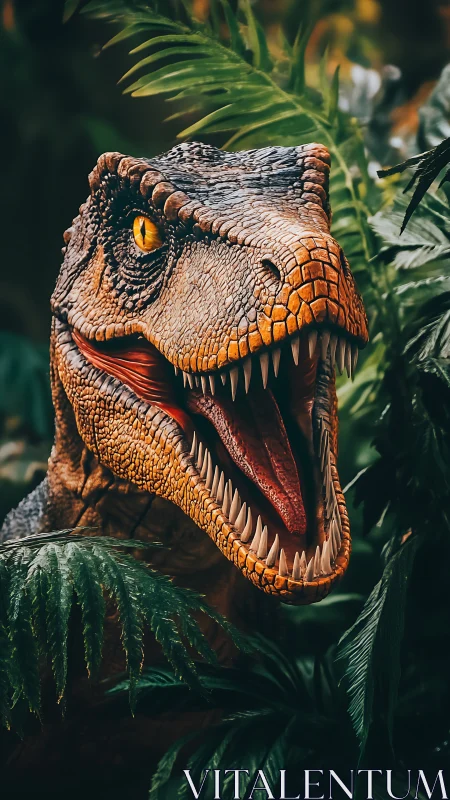 Photorealistic velociraptor head roaring amid dense jungle foliage