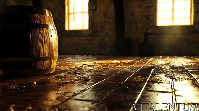 Sunlit wooden barrel on wet planks in rustic interior.