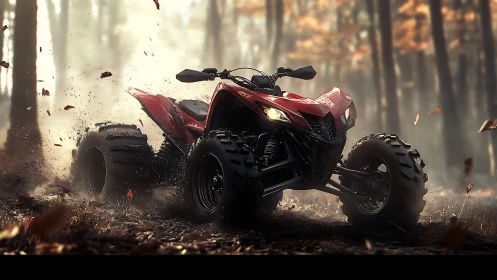 Red sport ATV kicking up forest dirt in autumn fog.