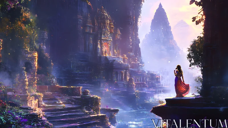 Luminous riverside temples surround a silhouetted romantic couple