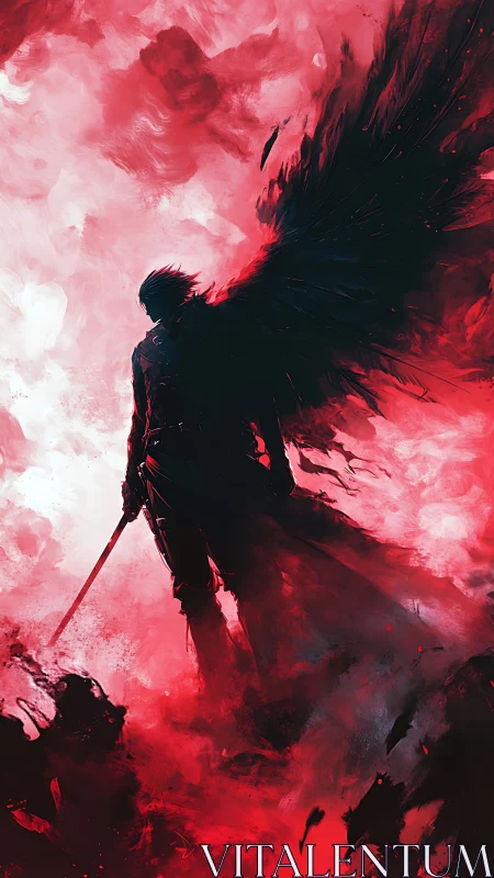 Dark winged warrior silhouette in red swirling clouds.