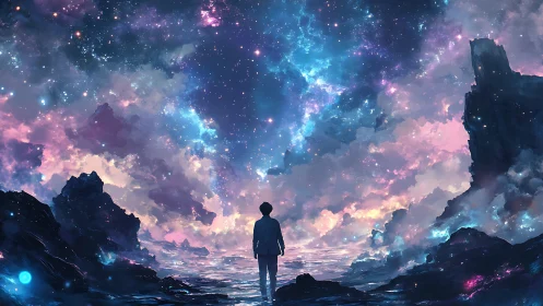 Solitary figure observes nebular sky in luminous digital vista